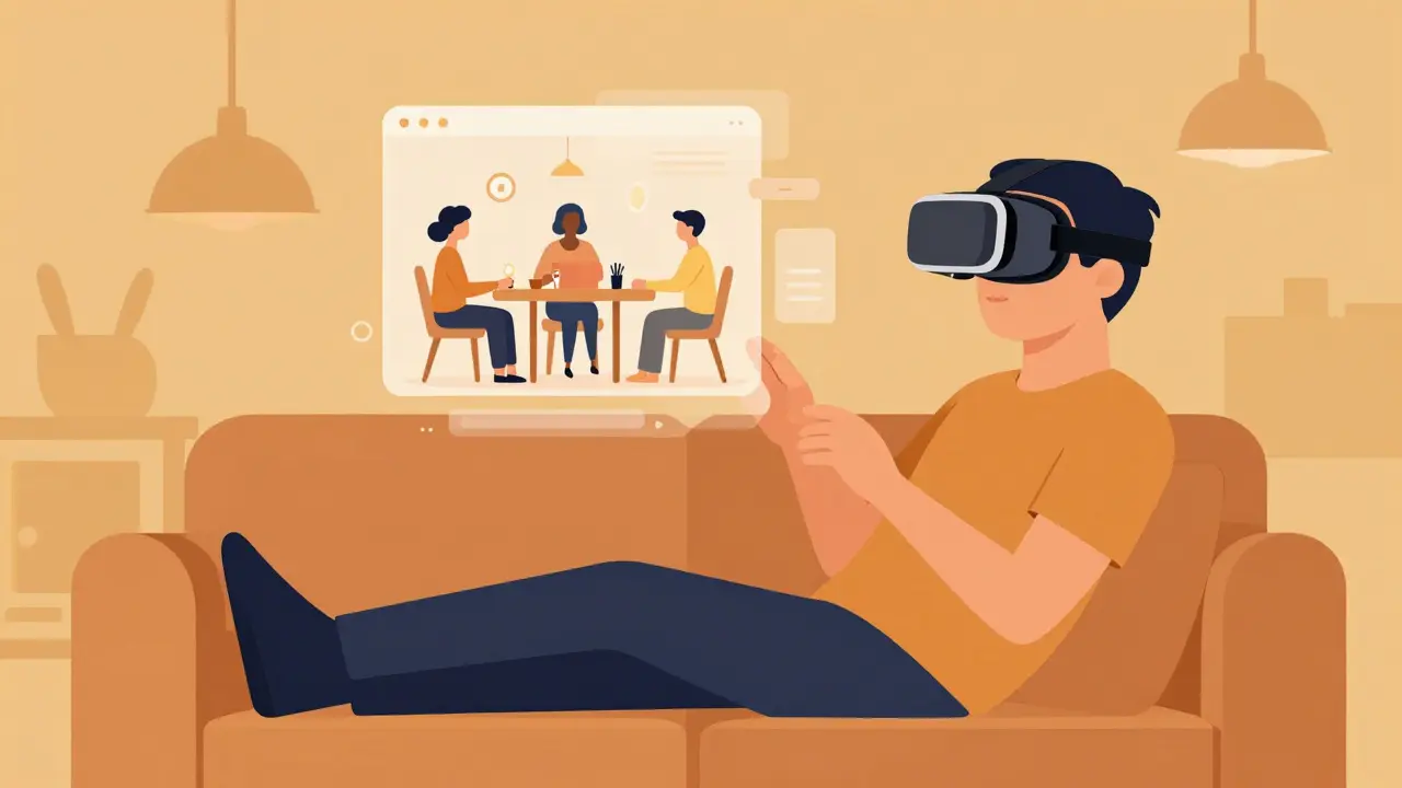 Člověk v obývátku s brýlemi virtuální reality pro terapii.