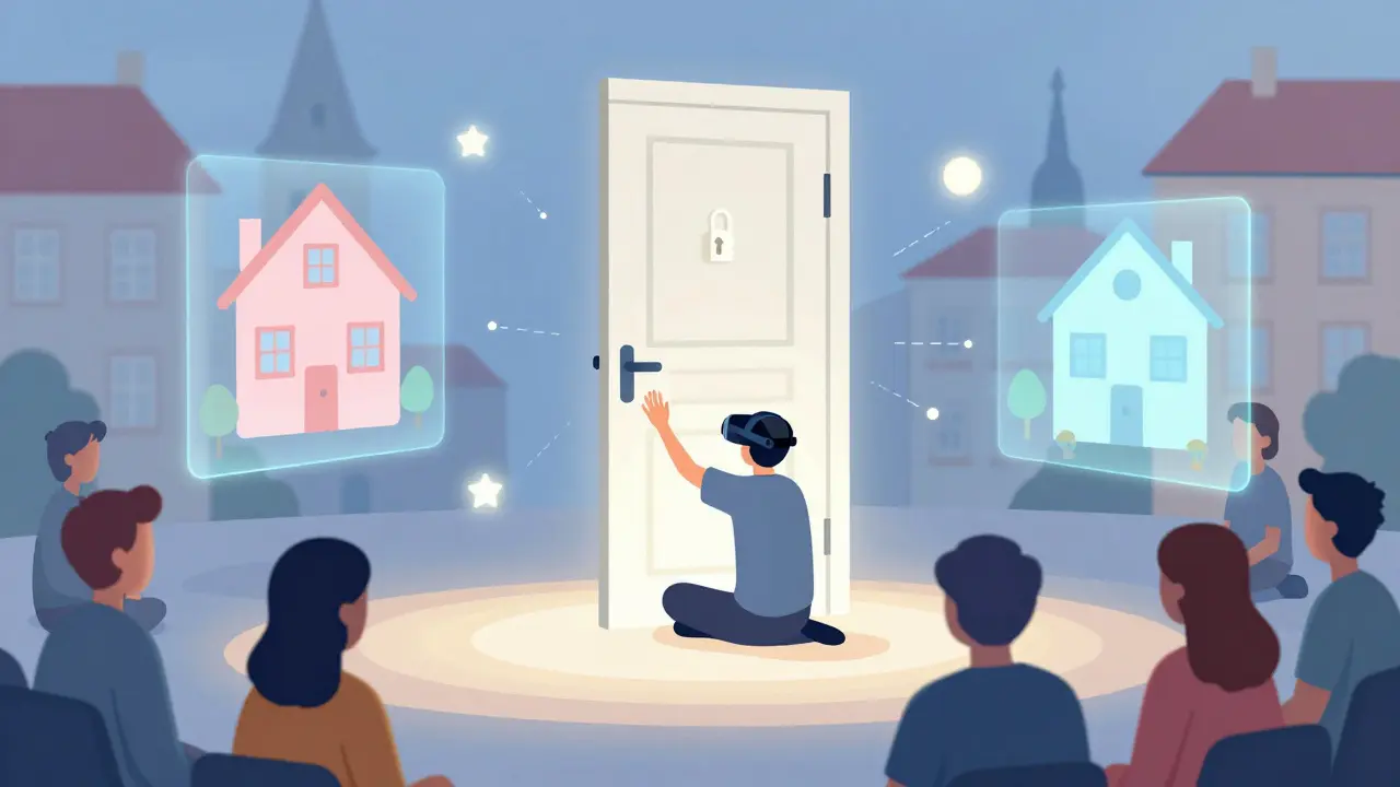 Člověk v VR headsetu přežívá trauma v holografickém prostředí, zatímco skupina ho podporuje.