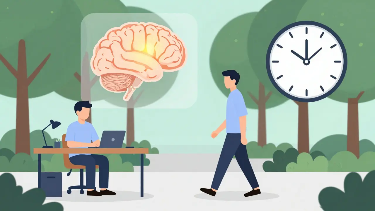 Dospělý pracuje u stolu, pak jde na procházku, s přehledem mozku aktivovaného pohybem.