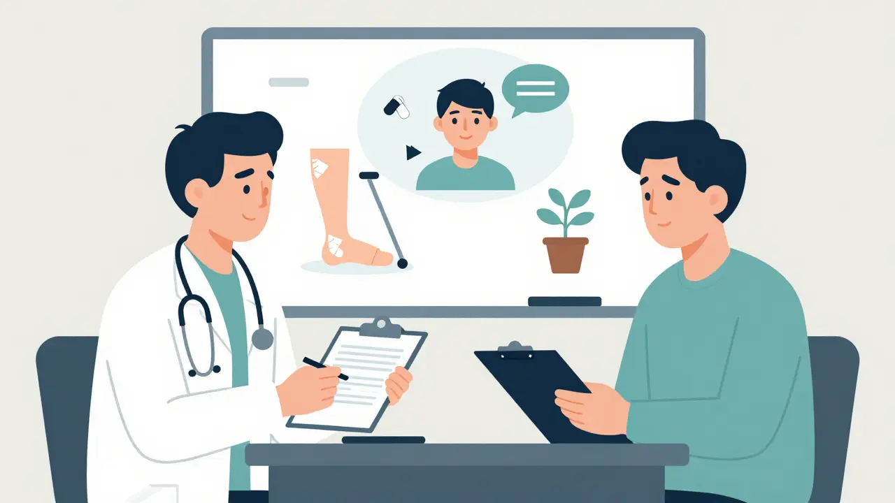 Dva odborníci spolupracují u stolu, nad nimi myšlenkový balón se léky a hovorem.