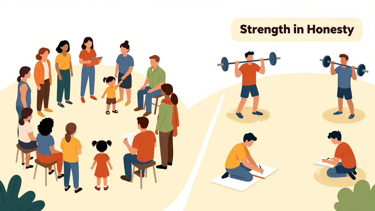 Dvě cesty k léčbě: ženy s dětmi a terapií trauma, muži s aktivitami jako malování a tělesná cvičení.