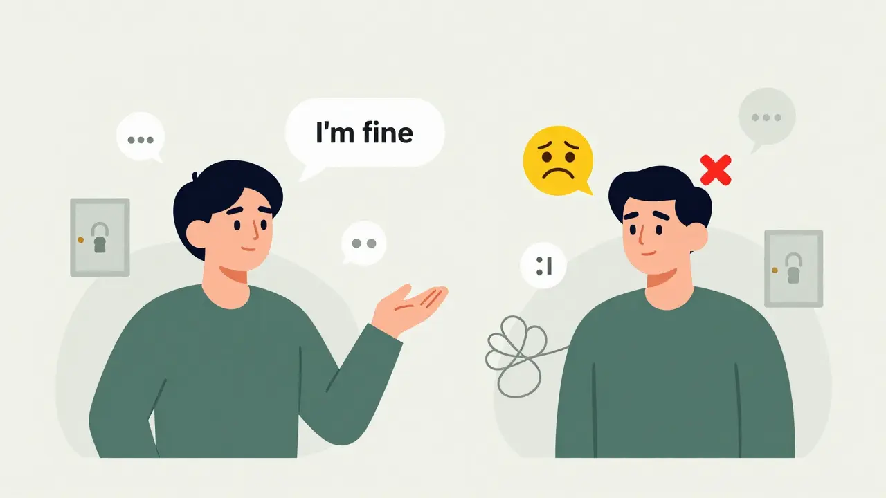 Dvě osoby v chatu: slova říkají 'Jsem v pořádku', emoji a reakce říkají něco jiného.