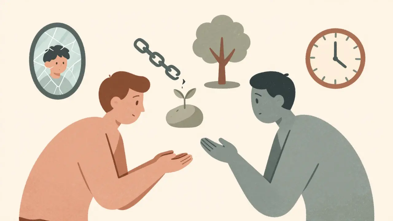 Dvě postavy v klidné konverzaci, kolem nich jsou symboly rozbitého zrcadla, lomeného řetězu a stromu rostoucího z kamene.