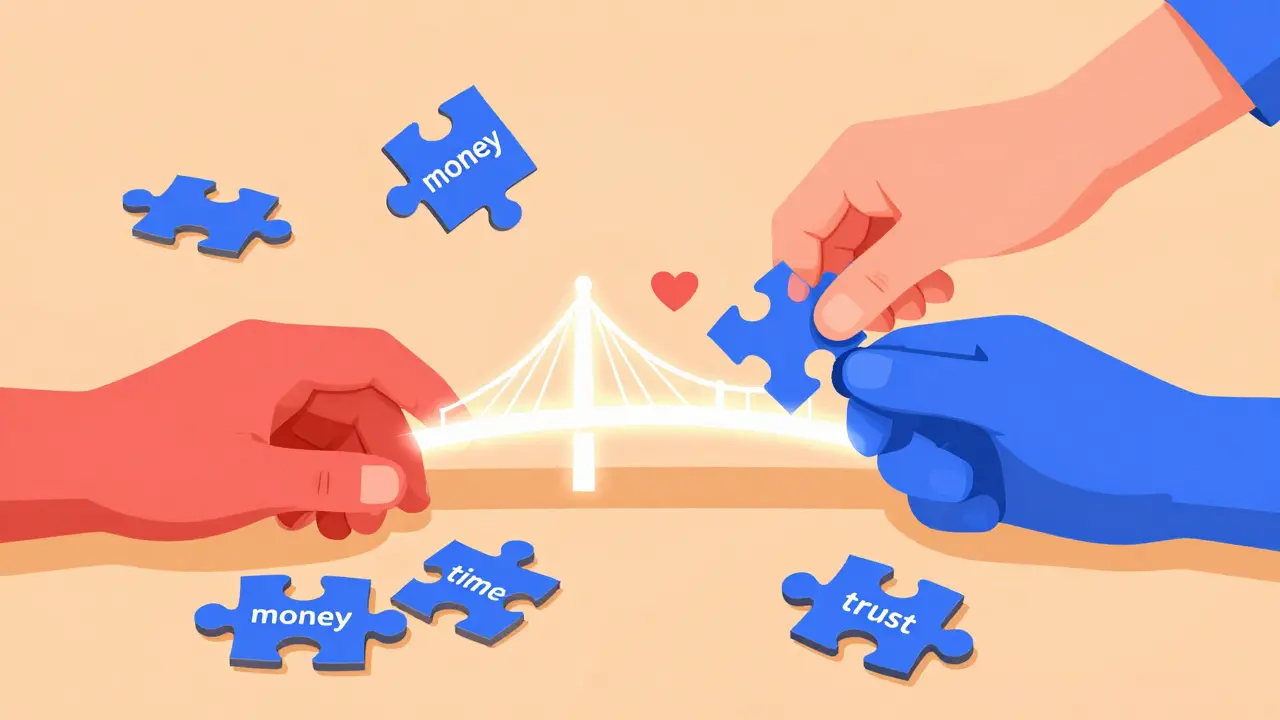 Dvě ruce se snaží spojit rozbité kousky skládačky, terapeut přidává srdce jako chybějící dílek.