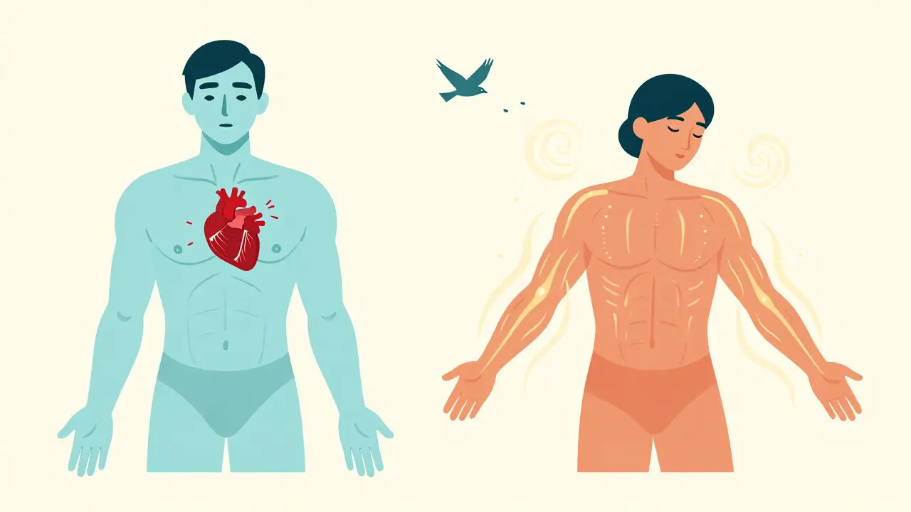 Dvě strany těla: jedna zablokovaná, druhá uvolněná — energie proudí a tělo se uvolňuje.