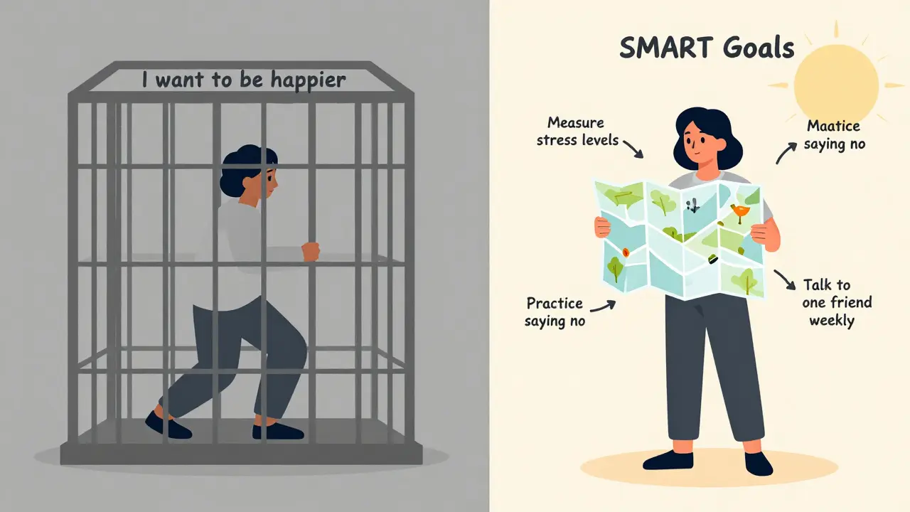 Dvě verze osoby: jedna v kleci s nejasným cílem, druhá volná s jasným plánem SMART cílů.