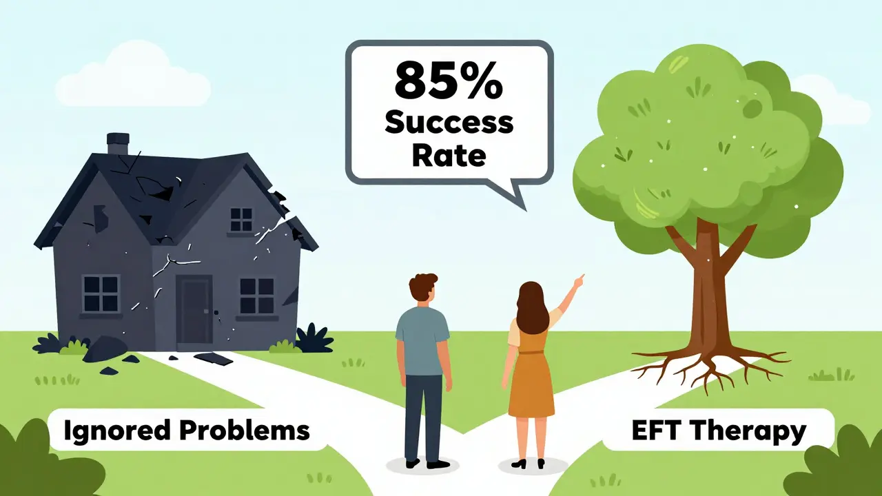 Dvojice stojí na křižovatce, jedna cesta vede k rozpadlému domu, druhá k stromu s nápisem 'EFT terapie'.