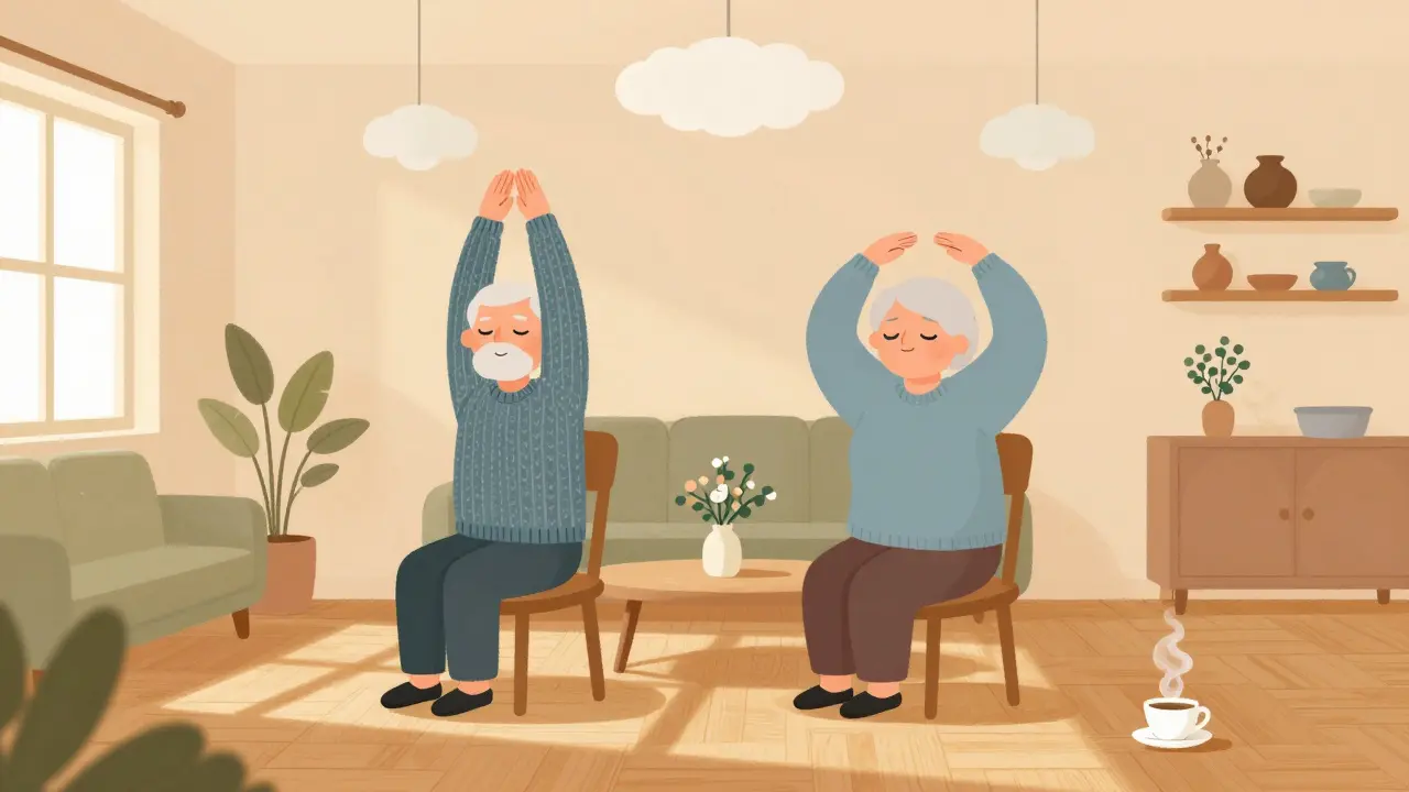 Dvojici seniorů cvících jógové pohyby na židlích