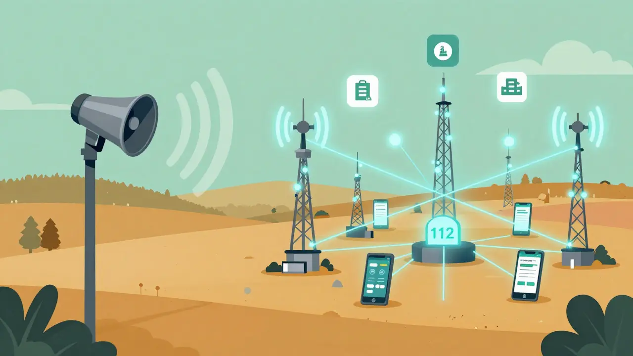 Kontrast mezi starými sirénami a moderní mobilní sítí s evropským systémem 112.
