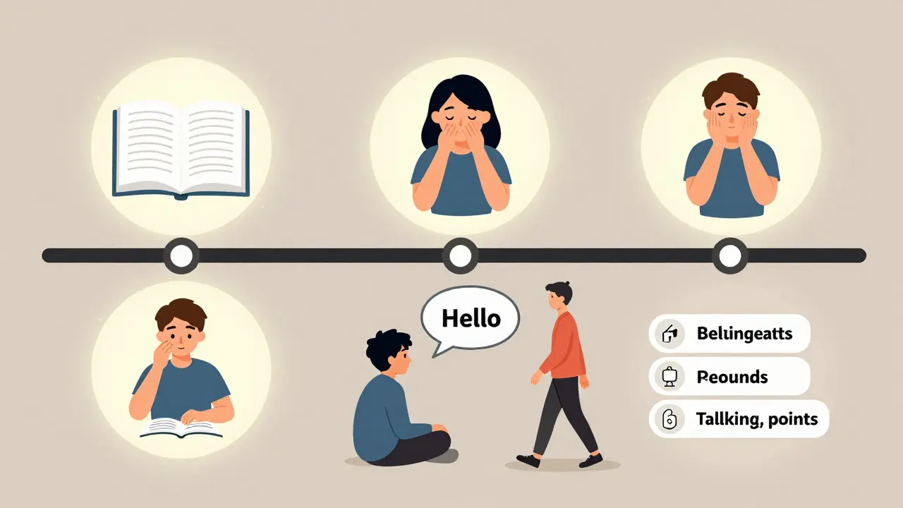 Krok za krokem: osoba postupuje na cestě k překonání úzkosti, kdy každý milník zazáří.