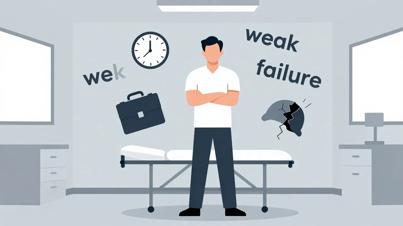 Muž stojí v léčebném prostoru, obklopen symboly kontroly a negativními slovy, vyjádřením emocionální izolace.