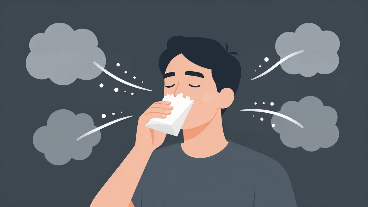 Osoba dýchá do papírového sáčku, rychlé dýchání mizí.