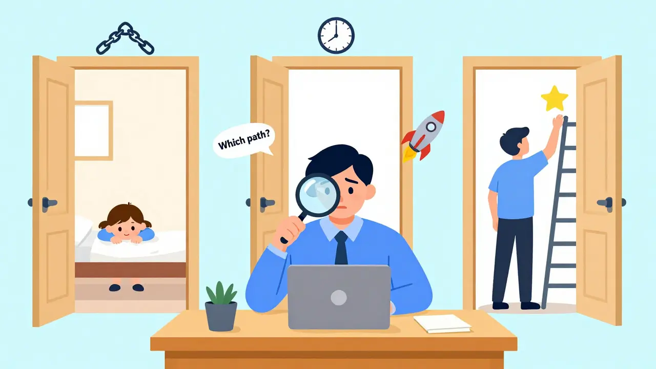 Osoba před třemi dveřmi, které reprezentují různé přístupy k psychickému pohodu.