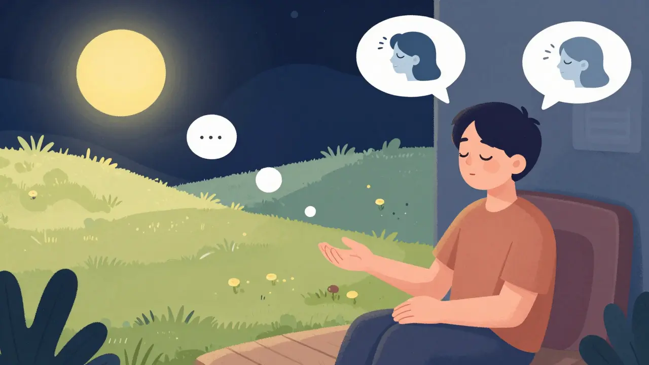 Osoba si představuje změněný, klidný sen v mírové krajině, kde ji někdo objímá a uklidňuje.