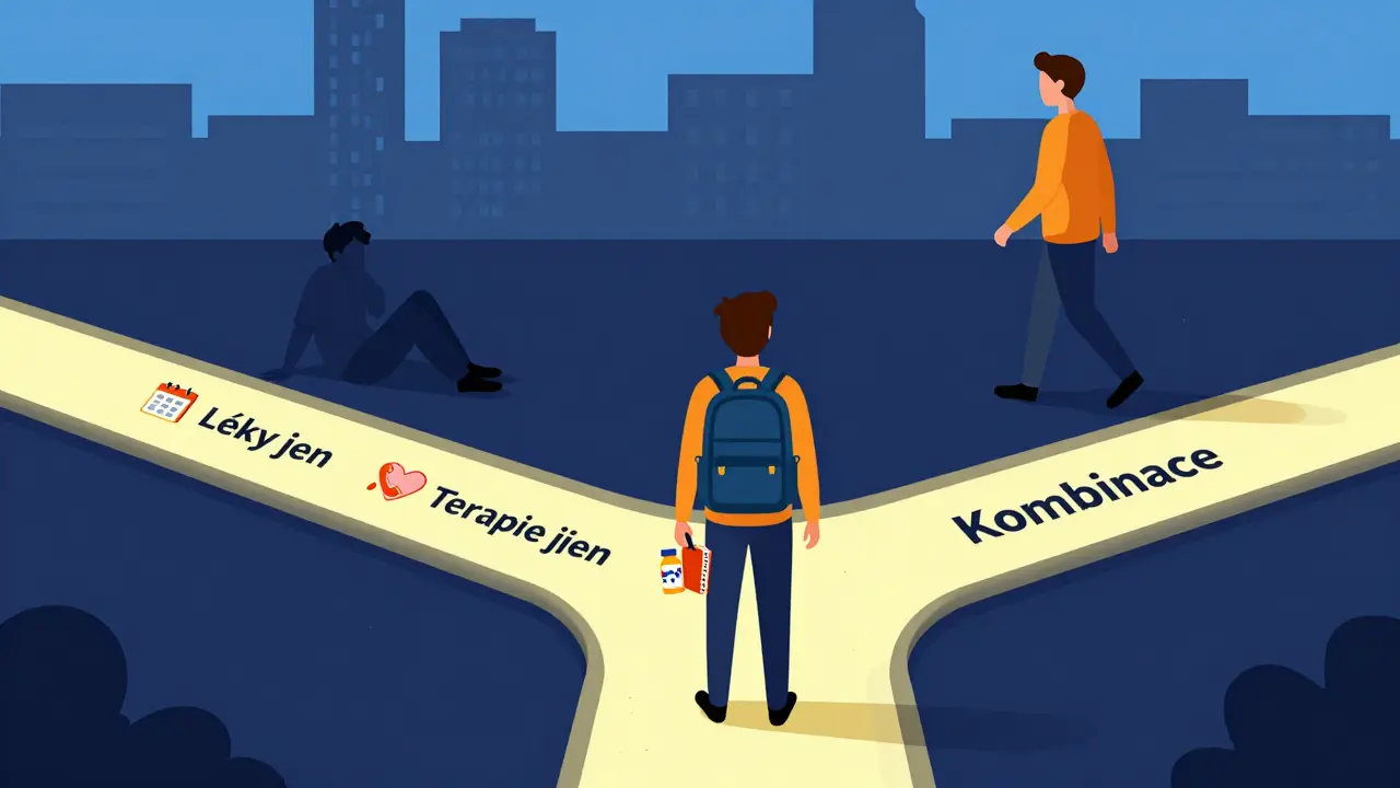 Osoba stojí na křižovatce, cesta kombinované léčby je osvětlená a vede k městu.