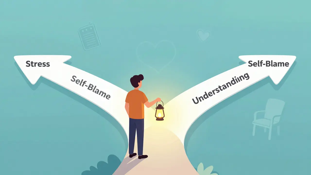 Osoba stojí na rozcestí, jedna cesta je osvětlena lucernou — symbolizující pochopení, zatímco ostatní vedou ke stresu a vině.