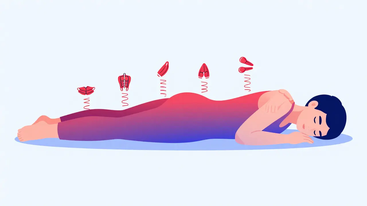 Osoba uvolňuje svaly od nohou po hlavu, napětí přechází v klid.