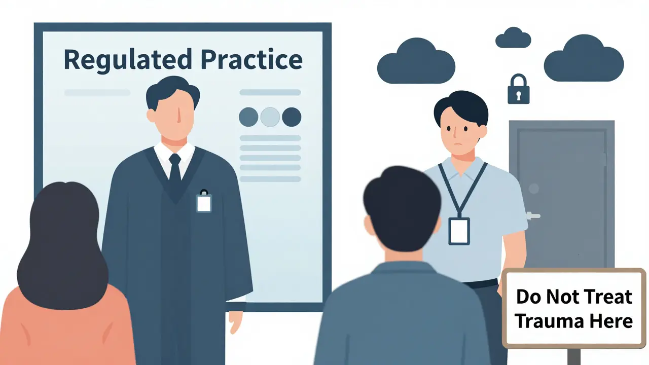 Psychotherapeut s certifikací v regulované praxi, kouč bez certifikace s varováním, že nelečí trauma.