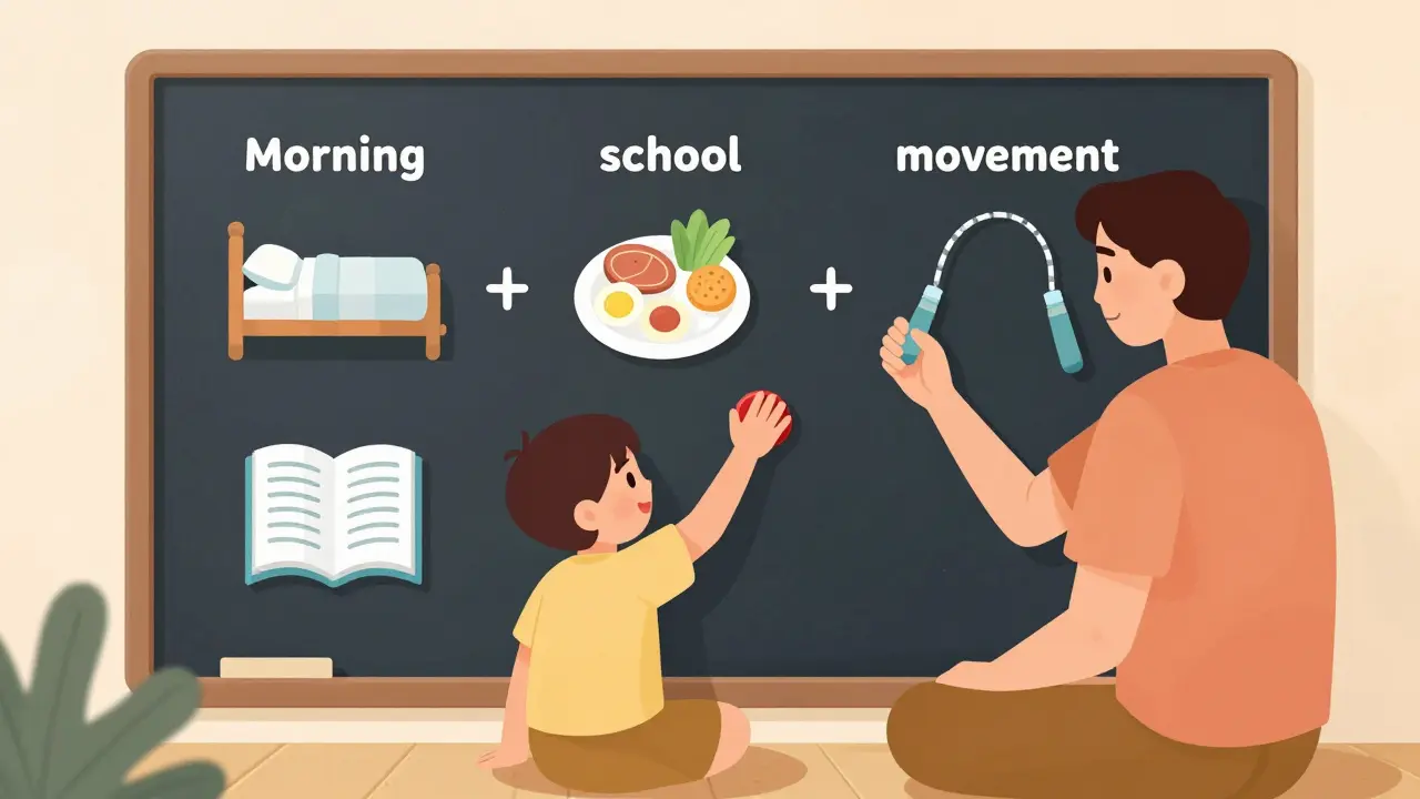 Rodič a dítě společně přesouvají magnetky na vizuálním plánu dne.