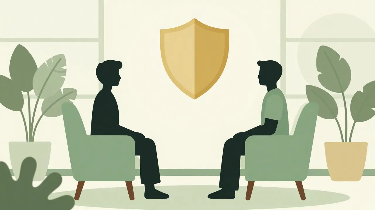 Teplá scéna znázorňující důvěru a bezpečí v terapeutickém vztahu.