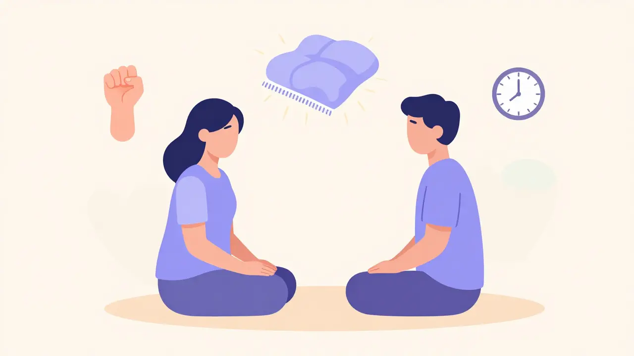 Terapeut a klient spolu v klidu, kolem nich symboly tělesného vědomí a uvolnění.