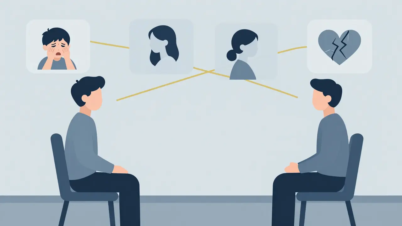 Terapeut a klient v kanceláři, nad nimi přechodné obrazy minulosti a přenosu.