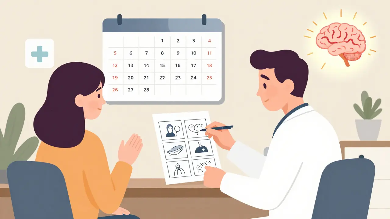 Terapeut a pacient společně procházejí přepisovaný příběh snu s kalendářem pravidelného cvičení.