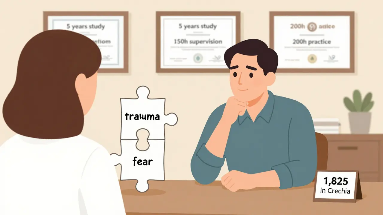 Terapeut pozoruje klienta jako skládačku s jednotlivými životními součástmi, za nimiž jsou kvalifikační tituly.