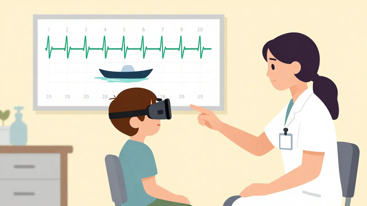 Terapeut v české klinice vede dítě ve VR hře, která reaguje na mozkovou aktivitu při neurofeedbacku.