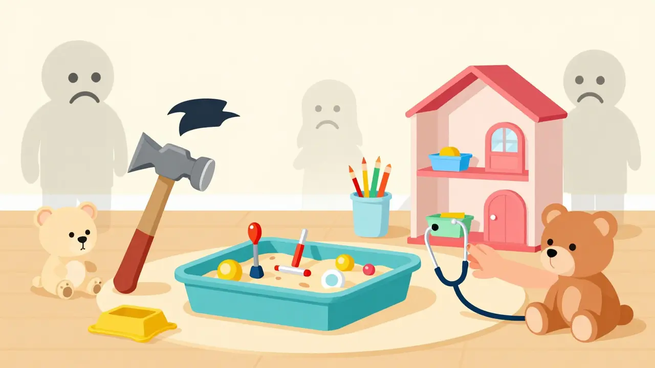 Terapeutická hernička s hračkami pro vyjádření emocí: kladivo, písek, lékařské nástroje a barvy.