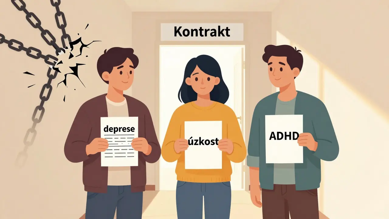 Tři lidé stojí vedle sebe, drží lékařské dokumenty, za nimi otevřená brána — znázorňuje odvahu mluvit o duševním zdraví.