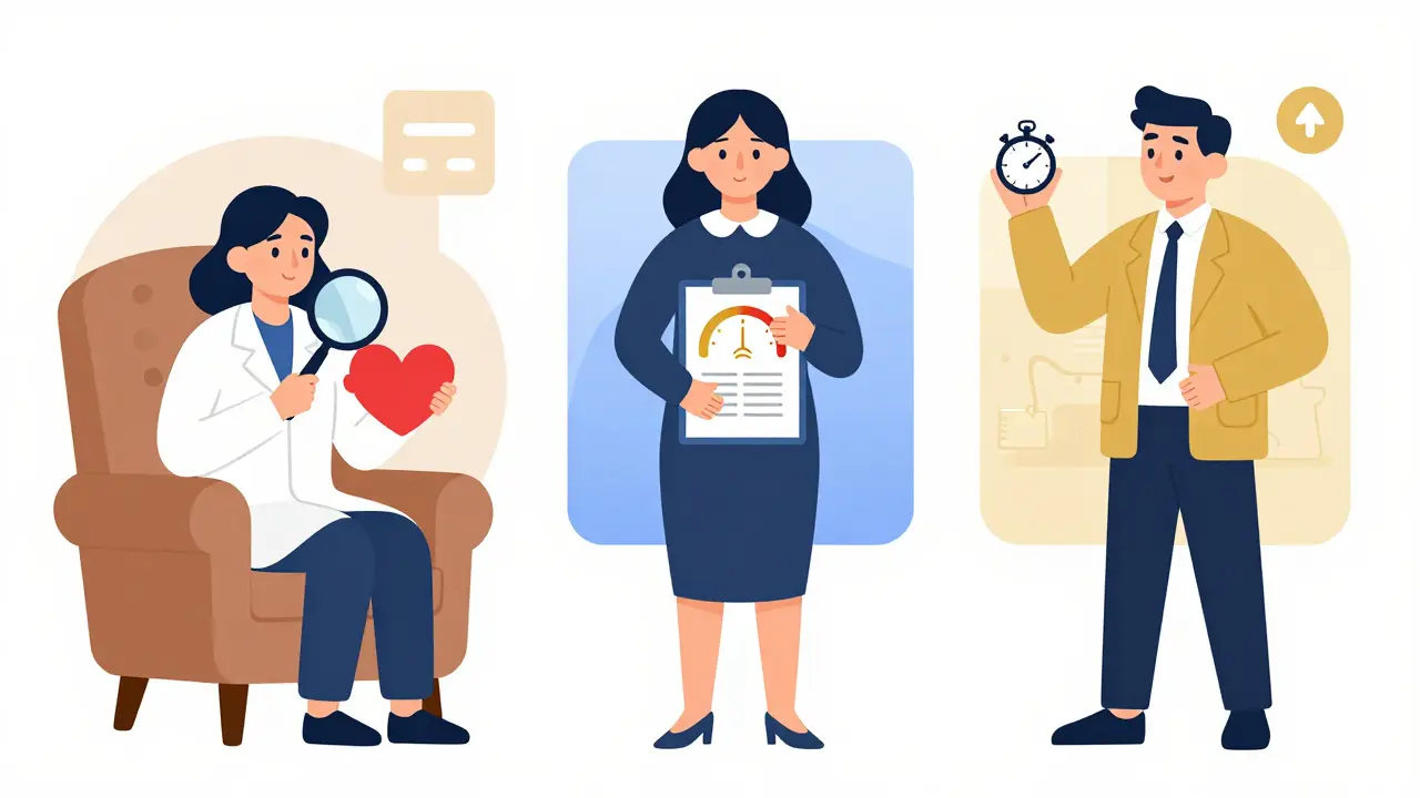 Tři různí odborníci: terapeut, poradce a kouč, každý s charakteristickým nástrojem.