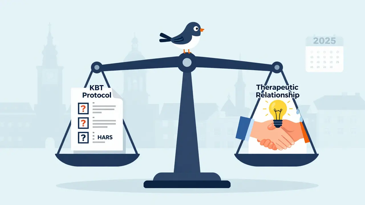 Vědecká váha porovnává protokol a terapeutický vztah, s ptákem Dodo na vrcholu.