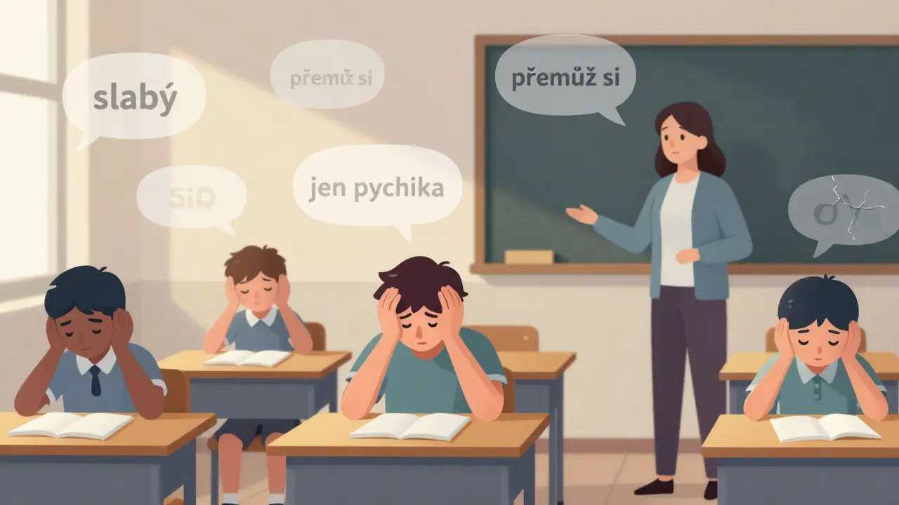 Žák ve třídě, který trpí, zatímco spolužáci odvrací pohled — symbolizující společenskou izolaci duševního onemocnění.