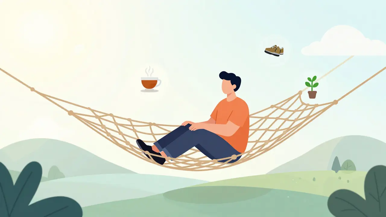 Člověk na bezpečnostní síti obklopen symboly malých vítězných cílů.