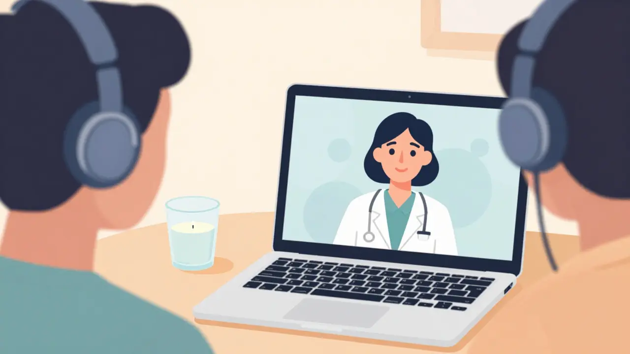 Člověk v domácím prostředí s naloženými sluchatky během videohovoru s terapeutem.