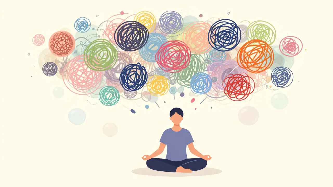 Člověk v meditaci pozorující své emoce jako uspořádané bubliny.