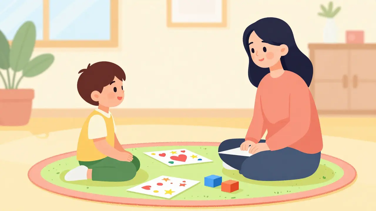 Dítě a terapeut v hravé místnosti využívají kreslení k vyjádření emocí.