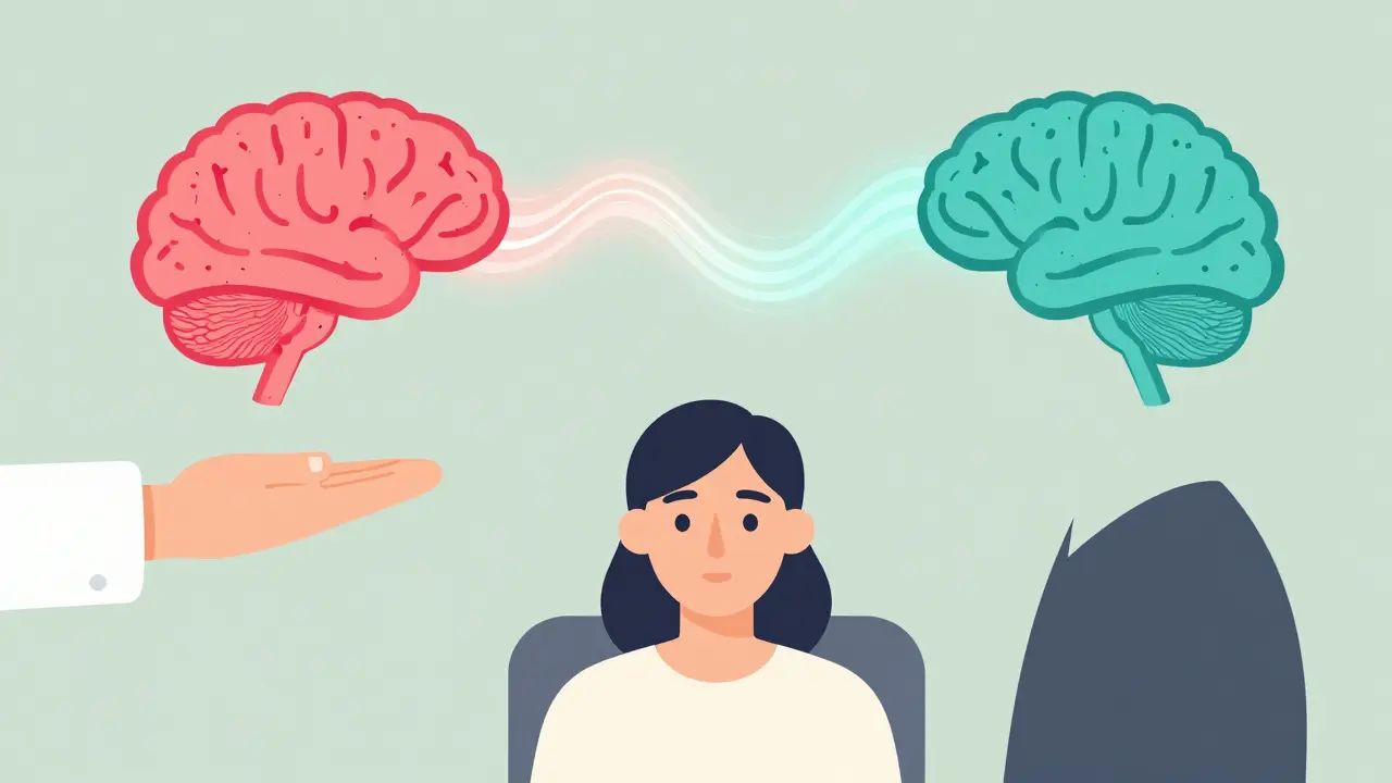 Flat ilustrace terapie EMDR s detailem bilaterální stimulace a vyrovnávání mozkových polovic.