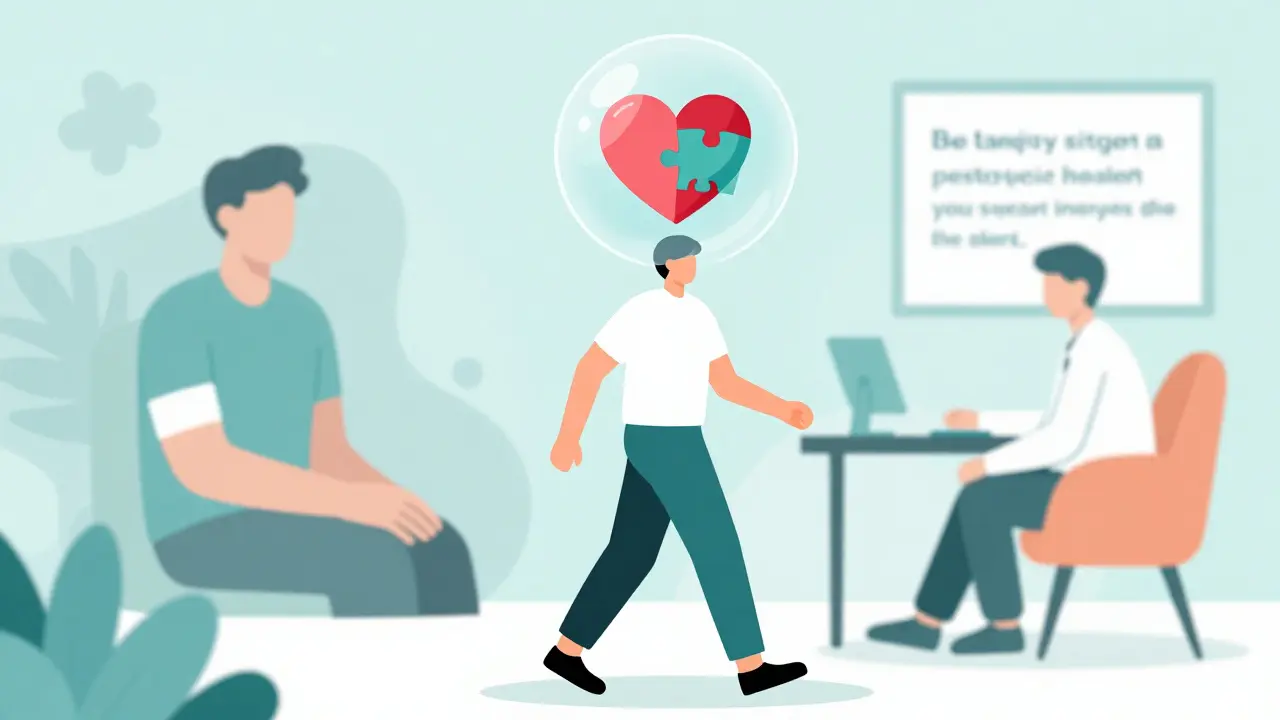 Ilustrace znázorňující překonávání stigmatu spojeného s vyhledáním psychiatrické pomoci.