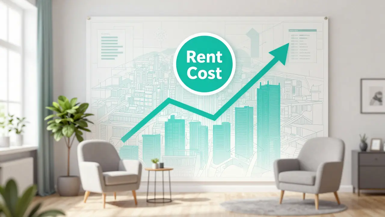 Kancelář terapeuta v Praze s vizuálním znázorněním vysokých nákladů na nájem.