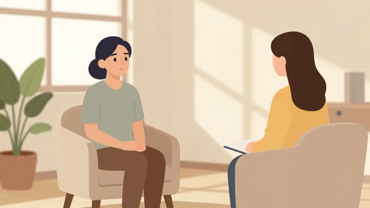 Klient a terapeut v útulném prostředí během první konzultační schůzky.