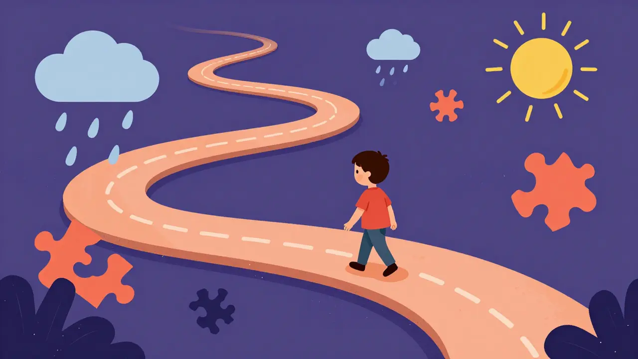 Konceptuální ilustrace dítěte na klikaté cestě symbolizující proces truchlení.