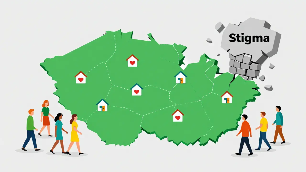 Konceptuální mapa ČR s centry duševního zdraví a lidmi překonávajícími stigma.