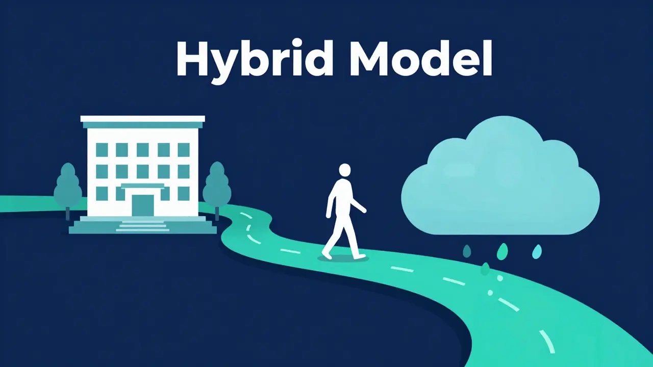 Konceptuální znázornění hybridního modelu terapie kombinující osobní setkání a digitální služby.