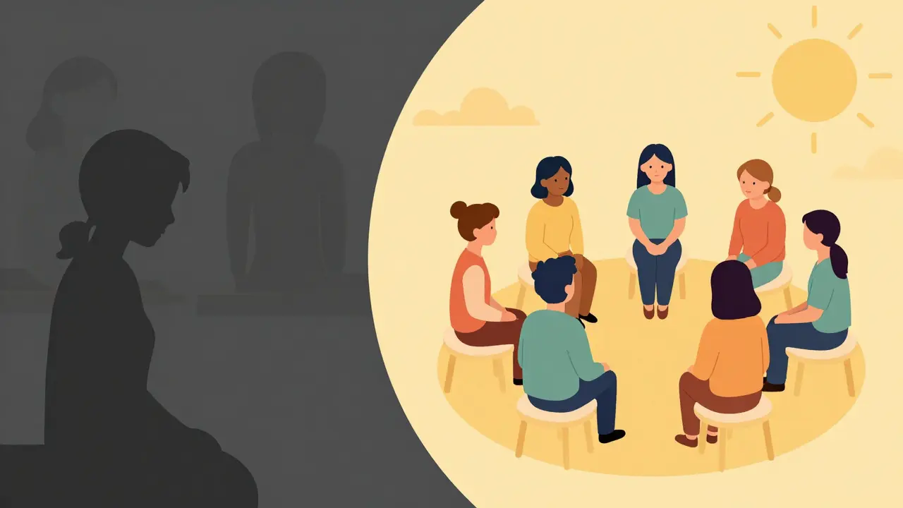 Kontrast mezi pocitem izolace a podporou v terapeutické skupině.