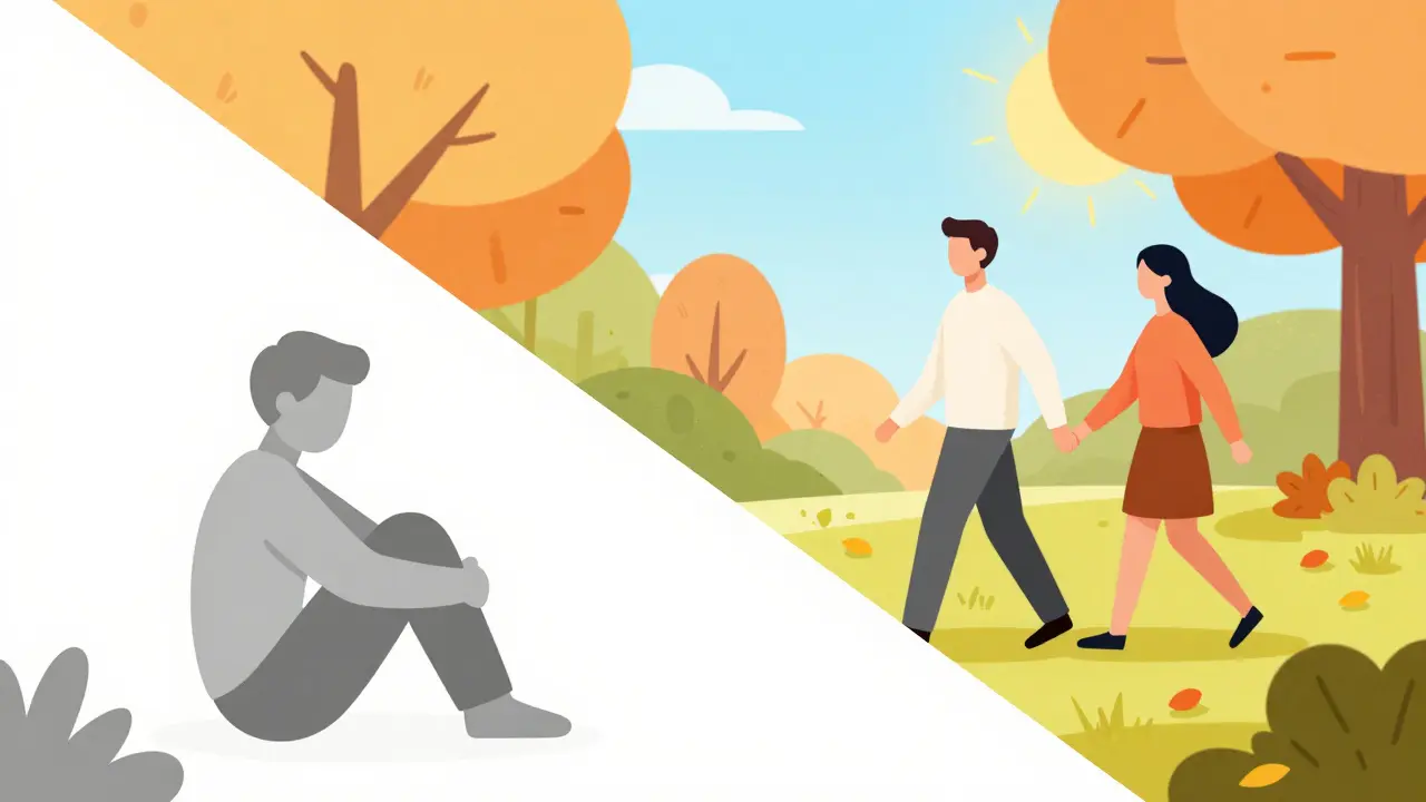 Kresba znázornující přechod od šedého smutku k barevnému a plnému životu.