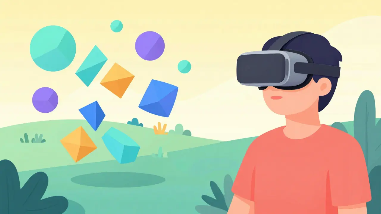 Moderní ilustrace člověka v VR headsetu v uklidňujícím prostředí při procesu léčení traumatu.