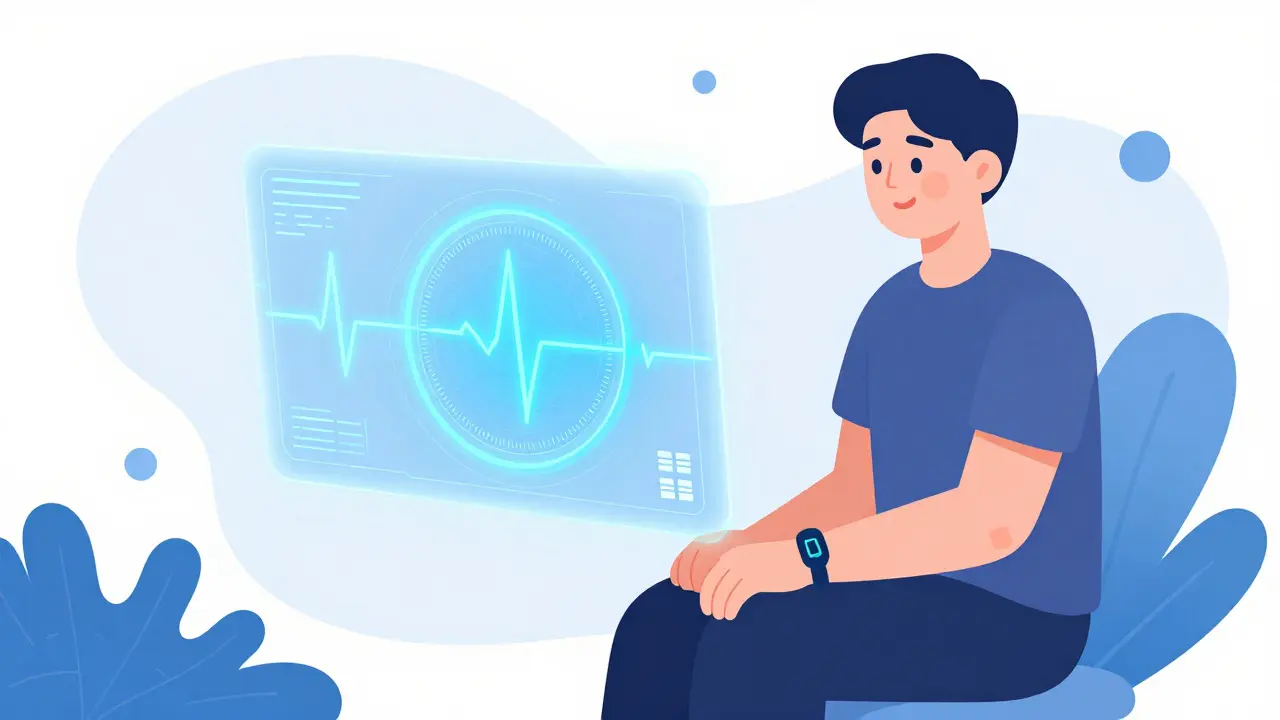 Osoba při terapii s využitím biofeedbacku znázorněného modrými datovými vlnami.