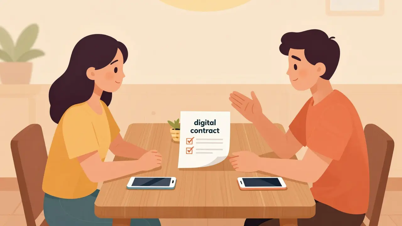 Pár diskutuje o digitálních hranicích s telefony odloženými stranou.